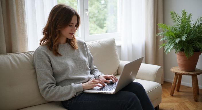 Eine Frau sitzt entspannt auf dem Sofa und arbeitet am Laptop.