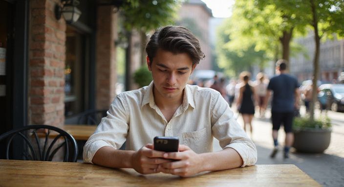 Eine junge Person sitzt konzentriert mit dem Handy in einem Café und suche Erotische Kontakte und Sex-Dating in Oberösterreich.