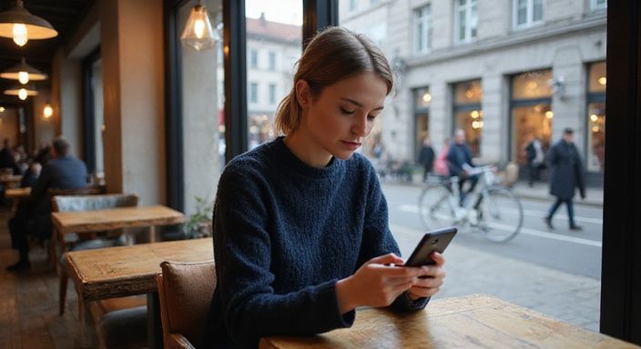 Eine Frau in einem Kaffeehaus scrollt konzentriert auf ihrem Smartphone.