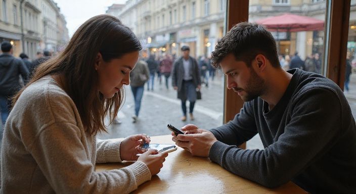 Ein junges Paar sitzt in einem Café und nutzt Smartphones.