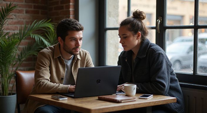 Zwei konzentrierte Personen arbeiten in einem Café an Laptops.