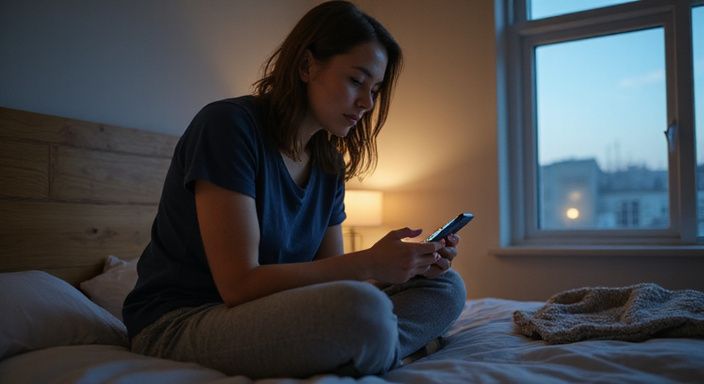 Eine Frau sitzt am Bett und konzentriert sich auf ihr Smartphone und suche Erotische Kontakte und Sex-Dating in Oberösterreich.