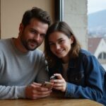Ein Paar sitzt lächelnd an einem Tisch in einem Café