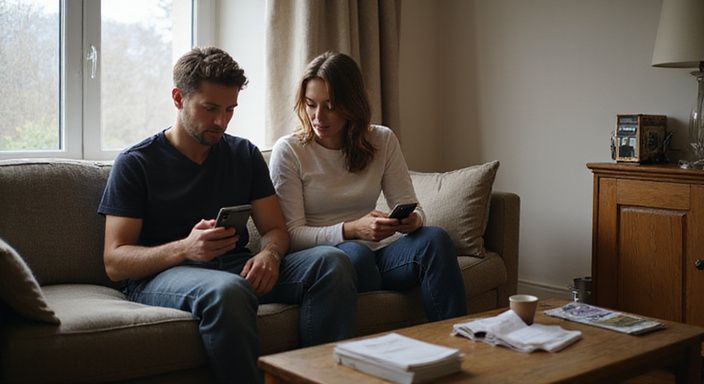 Ein Paar sitzt auf einem Sofa und konzentriert sich auf Smartphones und suche flirt kontakt en sextreffen in Bern.