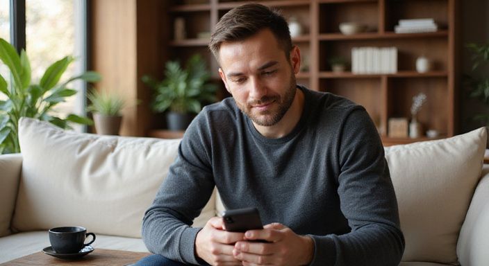 Ein Mann in einem modernen Wohnzimmer nutzt eine Dating-App für flirt kontakt en sextreffen in Bern.