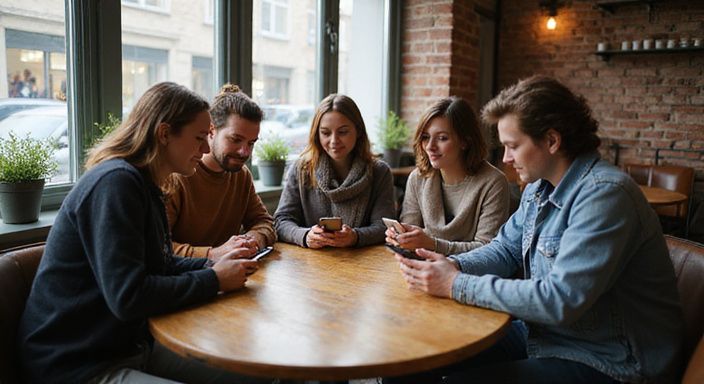 Sechs Erwachsene nutzen gemeinsam eine Dating-App in einem Café. Sechs Erwachsene nutzen gemeinsam eine Dating-App für flirt kontakt in Zürich in einem Café.