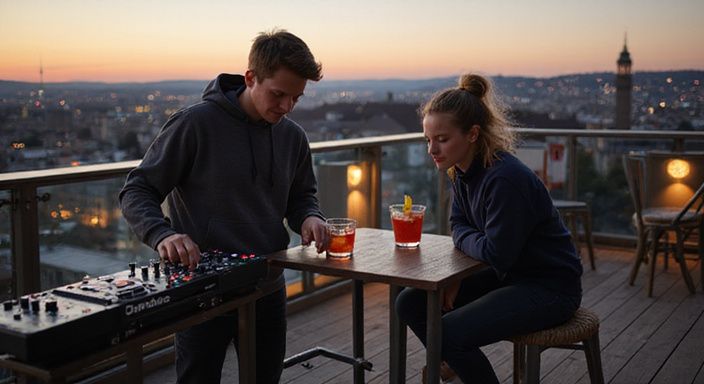 Eine entspannte Rooftop-Bar-Szene mit DJ und Cocktails in Zürich. Eine entspannte Rooftop-Bar-Szene mit DJ und Cocktails in Zürich.