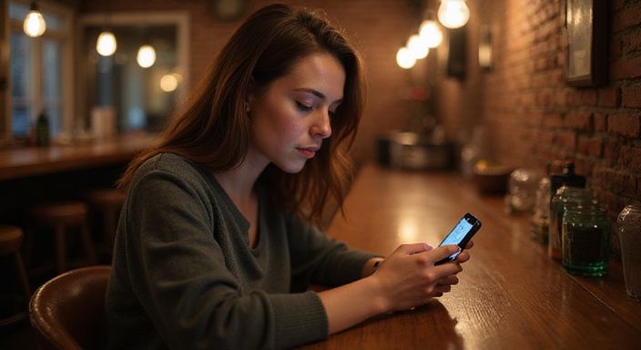 Eine Frau sitzt allein an einer Bar und scrollt durch WhatsApp. Eine Frau sitzt allein an einer Bar und scrollt durch WhatsApp und suche ein flirt kontakt in Zürich.