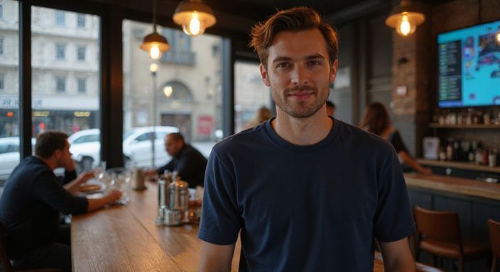 Ein selbstbewusster Mann steht an einer belebten Bar in Zürich. Ein selbstbewusster Mann steht an einer belebten Bar in Zürich.