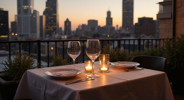 Gemütliches Dachrestaurant für zwei mit urbaner Aussicht und eleganter Atmosphäre. Gemütliches Dachrestaurant für zwei mit urbaner Aussicht und eleganter Atmosphäre.