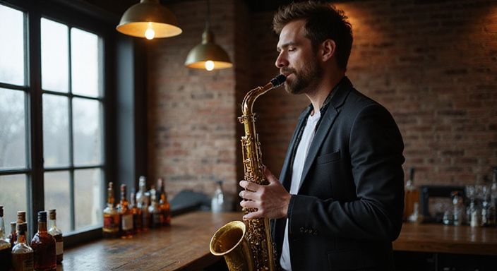 Ein Musiker spielt entspannt Saxophon in einer gemütlichen Jazzbar. Ein Musiker spielt entspannt Saxophon in einer gemütlichen Jazzbar.
