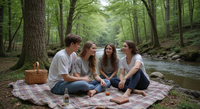 Gruppe junger Erwachsener genießt ein Picknick im Sihlwald. Gruppe junger Erwachsener genießt ein Picknick im Sihlwald.