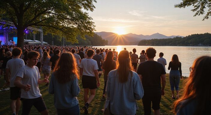 Junge Erwachsene genießen ein Konzert am Ufer des Zürichsees. Junge Erwachsene genießen ein Konzert am Ufer des Zürichsees.