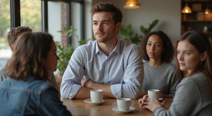 Ein junger Mann spricht engagiert bei einem Speed-Dating-Event. Ein junger Mann spricht engagiert bei einem Speed-Dating-Event.