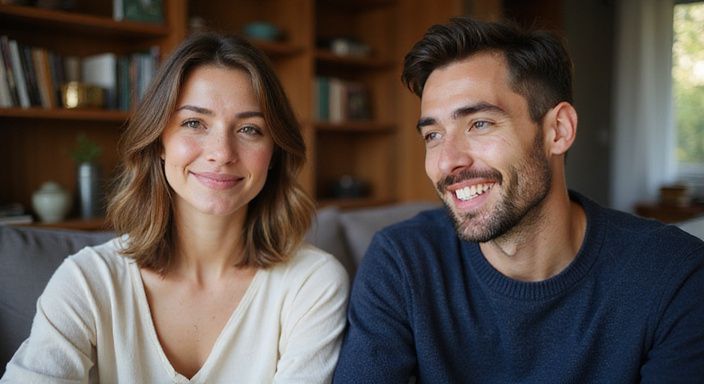Ein Paar führt ein entspanntes virtuelles Date am Computer. Ein Paar führt ein entspanntes virtuelles Date am Computer.