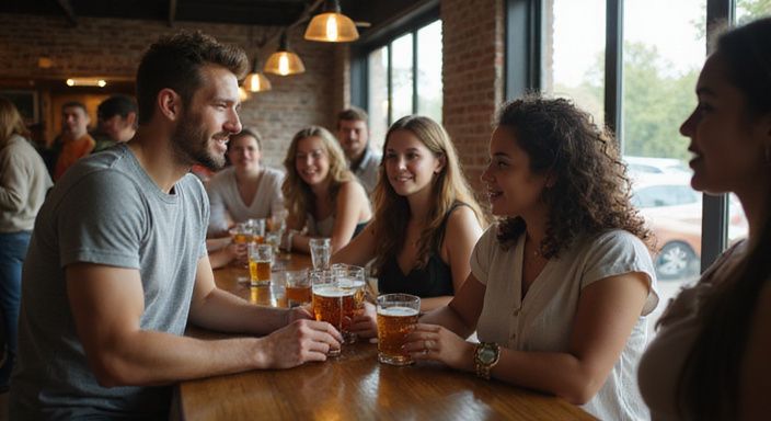 Eine lebhafte Bar mit Freunden, die intime Momente teilen. Eine lebhafte Bar mit Freunden, die intime Momente teilen.