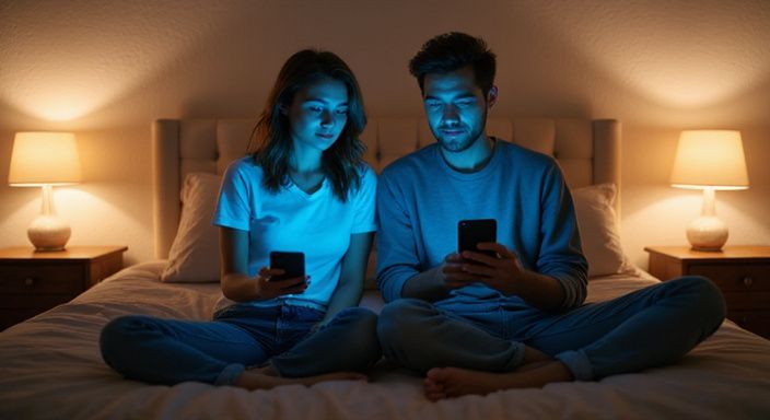 Ein Paar sitzt nachts entspannt auf dem Bett und schaut auf Smartphones.