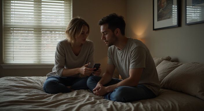 Ein Paar sitzt auf dem Bett und betrachtet gemeinsam ein Smartphone.