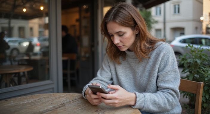 Eine Frau sitzt an einem Tisch und schaut auf ihr Smartphone und such ein geheimer sexkontakt.