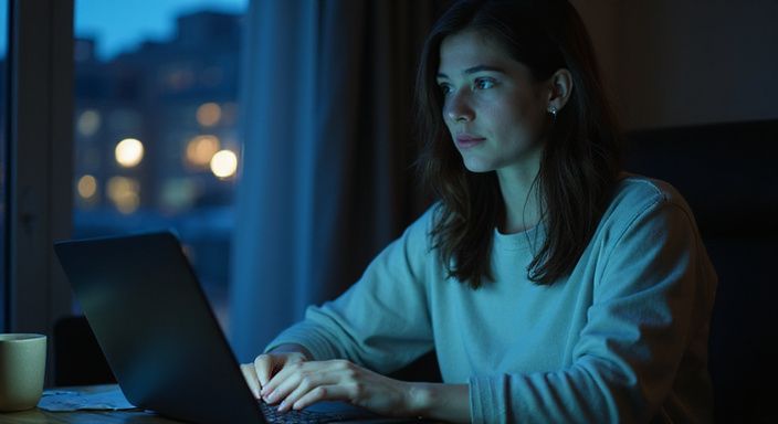 Eine junge Frau sitzt konzentriert an einem Schreibtisch vor ihrem Laptop und suche ein geheimer sexkontakt.