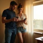 Ein Paar in einem Hotelzimmer nutzt Smartphones und zeigt Intimität