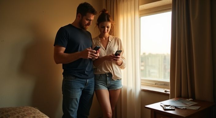 Ein Paar in einem Hotelzimmer nutzt Smartphones und zeigt Intimität