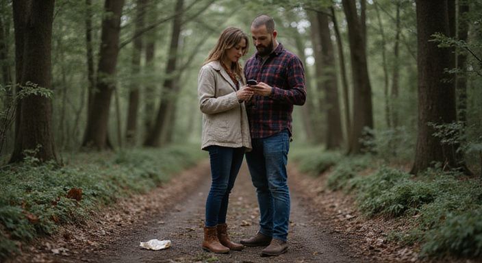 Ein Paar steht in einem Wald und schaut auf ihre Handys.