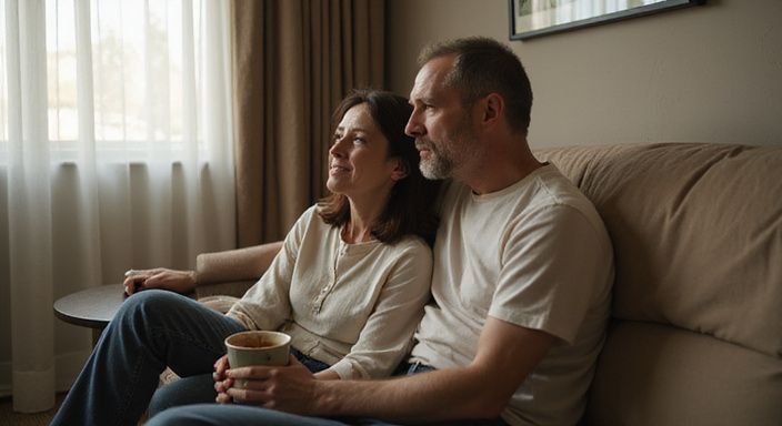 Ein Paar sitzt sich vertraut auf einem Sofa gegenüber und wollen ein geheimer sexkontakt.