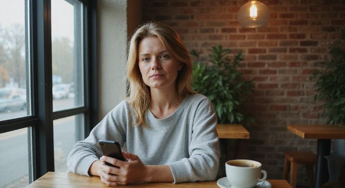 Eine Frau mittleren Alters sitzt allein in einem gemütlichen Café