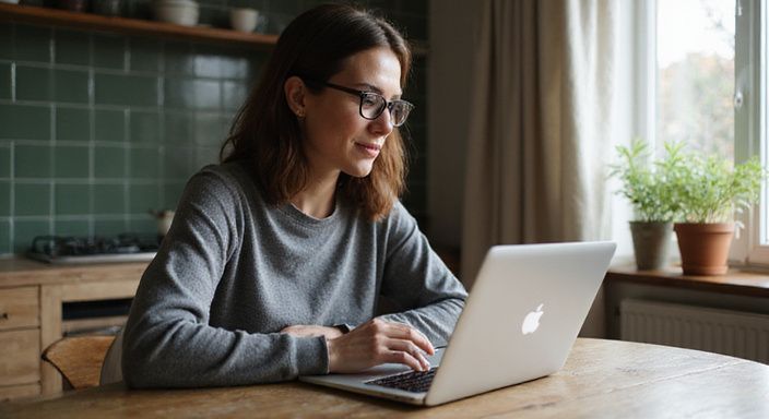 Eine Frau in einem grauen Pullover arbeitet an einem Laptop.
