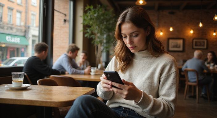Eine Frau sitzt entspannt in einem Café und nutzt ihr Smartphone und suche Milf sexkontakte.
