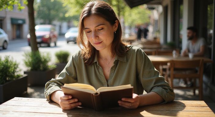 Eine nachdenkliche Frau liest in einem Buch an einem Café-Tisch.
