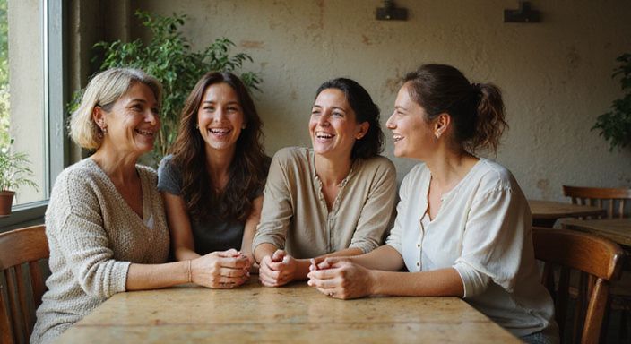 Vier Frauen lachen fröhlich an einem rustikalen Tisch in einem Café.