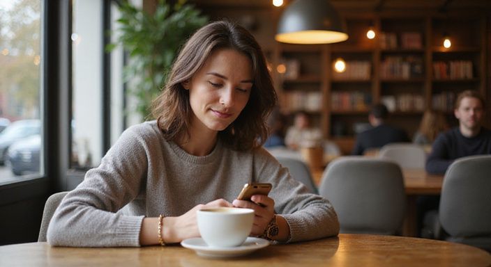 Eine Frau in einem Café, konzentriert auf ihrem Smartphone.