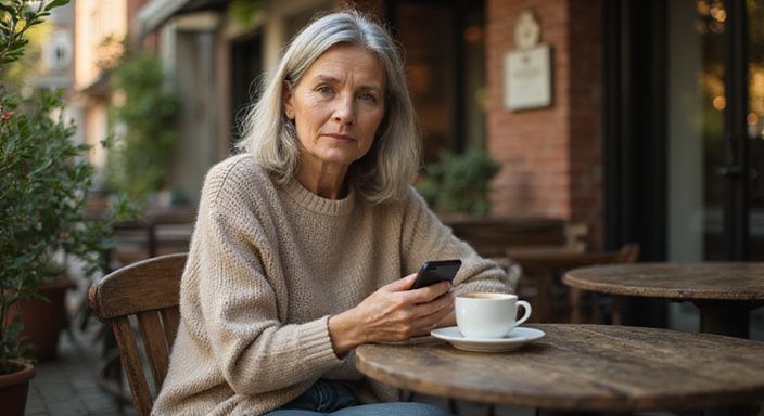 Eine ältere Frau sitzt nachdenklich an einem Café-Tisch. Eine ältere Frau sitzt nachdenklich an einem Café-Tisch.