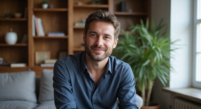 Ein lächelnder Mann sitzt entspannt in einem gemütlichen Wohnzimmer. Ein lächelnder Mann sitzt entspannt in einem gemütlichen Wohnzimmer und wollen mit älteren Frauen flirten.