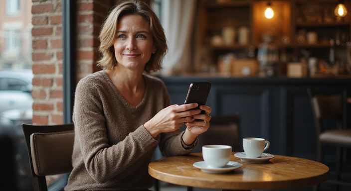 Eine Frau in ihren 50ern interagiert an einem Café-Tisch mit einer Dating-App. Eine Frau in ihren 50ern interagiert an einem Café-Tisch mit einer Dating-App für mit älteren Frauen flirten.