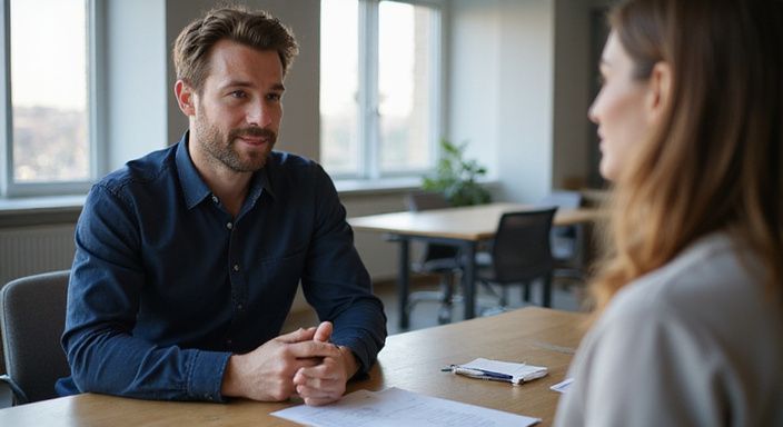 Ein Mann in einem modernen Büro führt ein Gespräch mit einer Frau. Ein Mann in einem modernen Büro führt ein Gespräch über mit älteren Frauen flirten mit einer Frau.