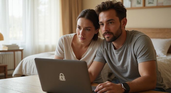 Ein Paar sitzt auf einem Sofa und zeigt echte Begeisterung.