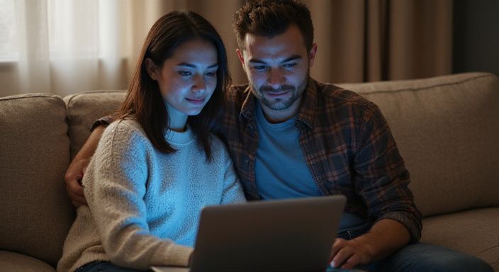 Ein Paar sitzt auf einer Couch und arbeitet gemeinsam am Laptop und wollen online sexkontakte finden.