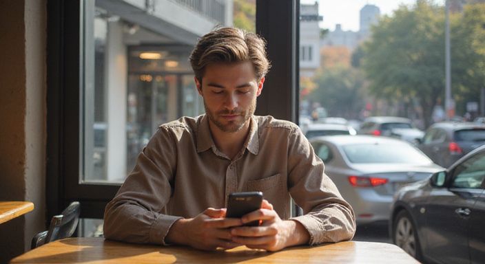 Eine Person sitzt entspannt an einem Tisch und nutzt ihr Smartphone und wollen online sexkontakte finden.