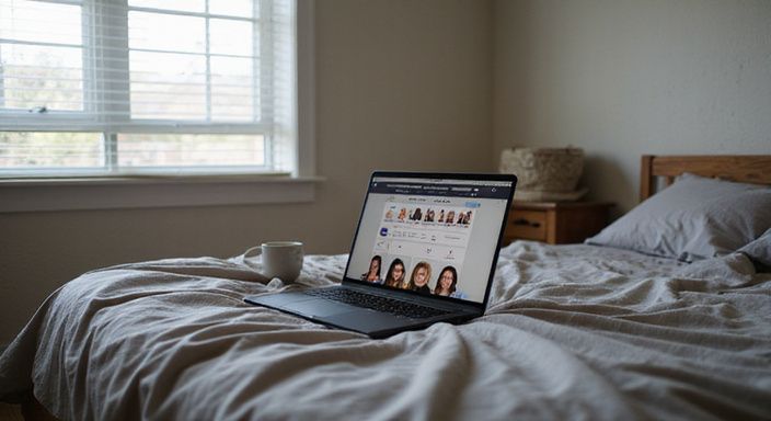 Ein gemütliches Schlafzimmer mit einem Laptop und persönlichen Gegenständen.