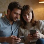 Ein Paar sitzt zusammen auf einem Sofa und betrachtet konzentriert ihre Smartphones