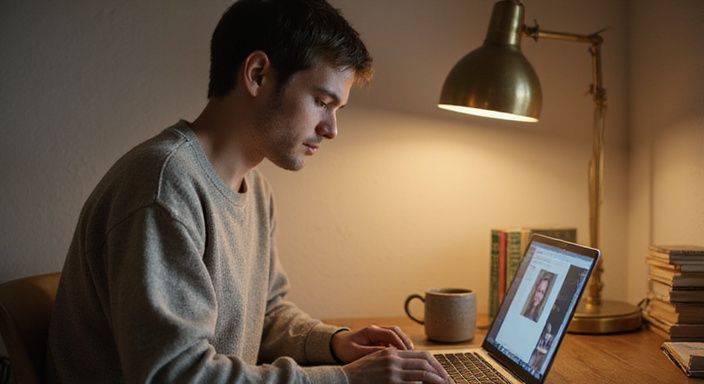 Eine Person nutzt konzentriert eine Dating-App am Schreibtisch und wollen online sexkontakte finden.