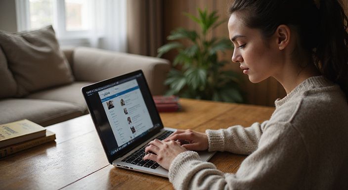 Eine Person sitzt vor einem Laptop und betrachtet Online-Dating-Profile.