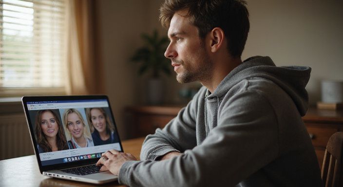 Ein Mann sitzt am Schreibtisch und scrollt durch Dating Profile für ein sexdate mit älteren frauen.