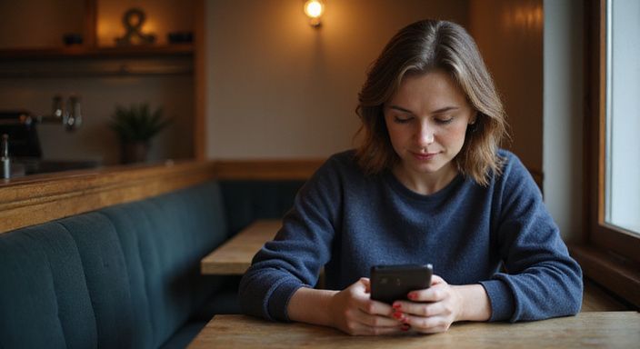 Eine nachdenkliche Frau tippt konzentriert auf ihrem Smartphone in einem Café.