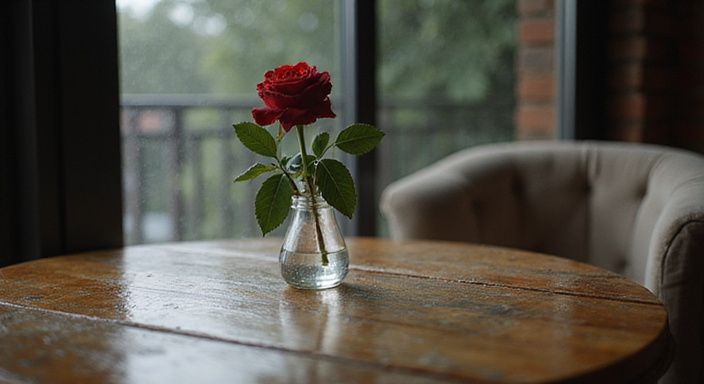 Ein roter Rose in einer Glasvase auf einem alten Holztisch.