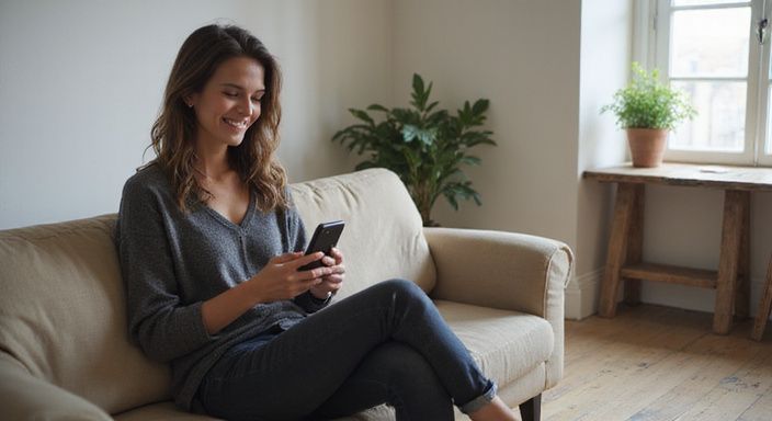 Eine Frau in bequemer Kleidung lächelt beim Lesen einer Nachrichten App