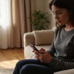 Eine Frau in legerer Kleidung entspannt auf einem Sofa mit Smartphone